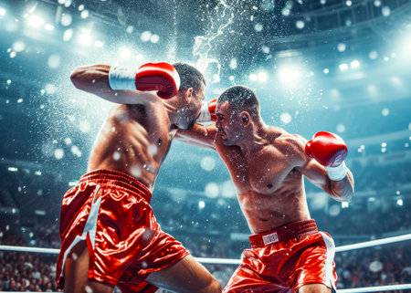 Two male boxers engage in a fierce bout, exchanging dynamic punches under the bright lights of the boxing ring.の素材