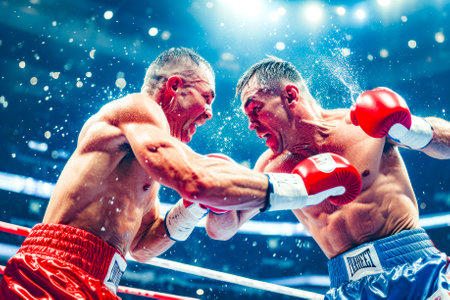 Two male boxers engage in a fierce bout, exchanging dynamic punches under the bright lights of the boxing ring.の素材