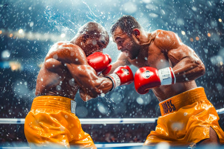 Two male boxers engage in a fierce bout, exchanging dynamic punches under the bright lights of the boxing ring.の素材