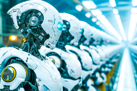 A line of advanced humanoid robots with intricate designs, poised for assembly or inspection in a high-tech facility.の素材