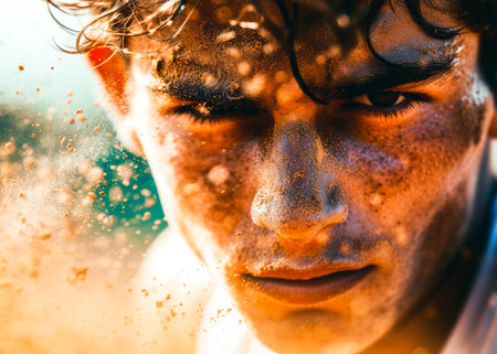 Macro shot of a young male athlete's face covered in sweat and sand, depicting determination and resilience.の素材