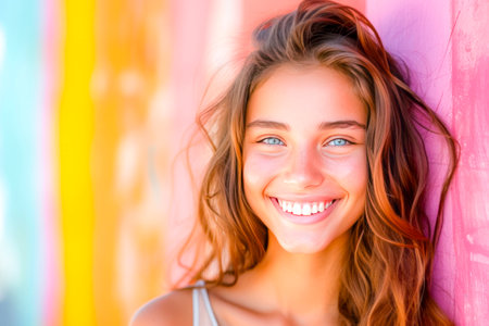 Carefree young woman with a bright smile, enjoying the beach breeze, with hair tousled by the wind.の素材