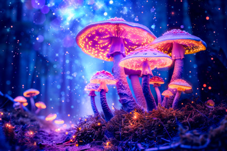 A mystical scene of glowing mushrooms in an enchanted forest, illuminating the surroundings with magical light.の素材