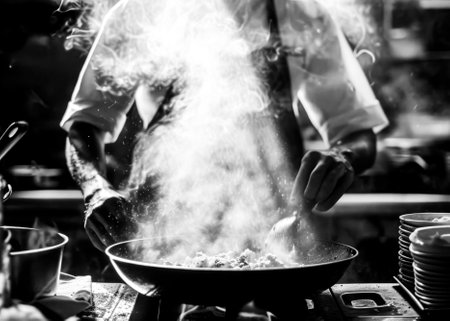 Black and white image of a chef seasoning dishes in a steam-filled commercial kitchen, conveying a busy culinary atmosphere.の素材