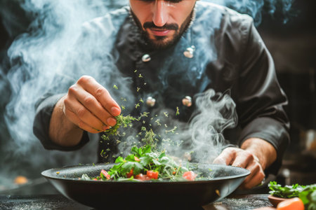 An attentive chef meticulously garnishes plates with fresh herbs in a brightly lit commercial kitchen, showcasing culinary art.の素材