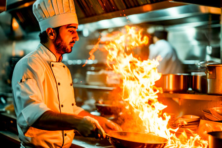 A focused chef prepares a flambe dish, skillfully managing the dramatic flames in a bustling professional kitchen.の素材