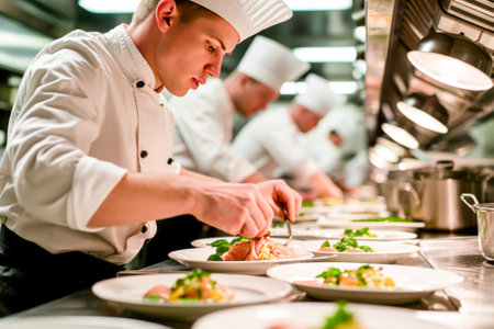 An attentive chef meticulously garnishes plates with fresh herbs in a brightly lit commercial kitchen, showcasing culinary art.の素材