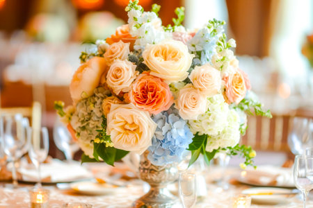 A soft pastel bouquet of roses and hydrangeas arranged in an antique brass vase, perfect for a wedding or elegant event.の素材