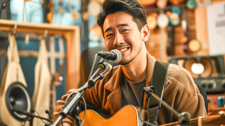 An indie artist performs soulfully on an acoustic guitar in a vibrant home studio setup, with microphone and headphones.の素材
