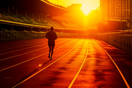 Silhouette of a solitary runner training in a stadium against the backdrop of a dramatic golden sunrise.の素材