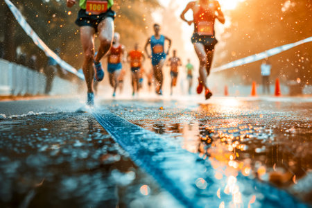 Intense competition among marathon runners with vibrant autumn leaves scattered on the road during a race event.の素材