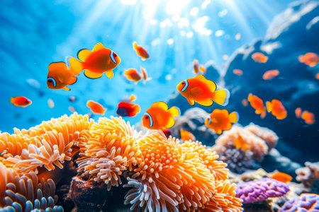 A bustling underwater scene with various tropical fish elegantly swimming above a vibrant coral reef in crystal clear water.の素材