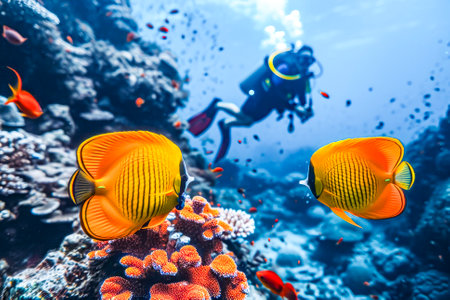 Vivid image of scuba divers swimming near a colorful coral reef teeming with marine life and Butterflyfish in clear blue waters.の素材