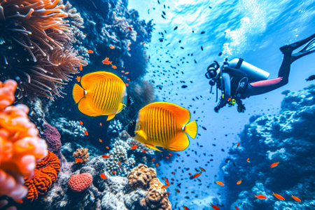 Vivid image of scuba divers swimming near a colorful coral reef teeming with marine life and Butterflyfish in clear blue waters.の素材