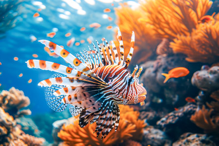 The striking beauty of a lionfish is on full display, with its elaborate fins and bold stripes, amidst a colorful coral reef.の素材