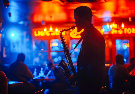 A young saxophonist immersed in his performance amidst the vibrant blue lights of a bustling nightclub.の素材