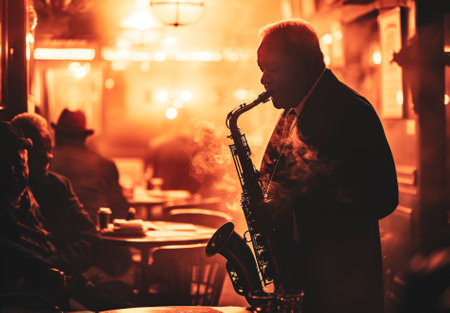 Silhouetted saxophonist performing live on stage in a club with a blurred audience and ambient lighting in the background.の素材