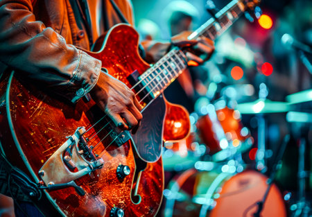 An elderly man in a hat engrossed in playing a sunburst electric guitar, performing live music.の素材