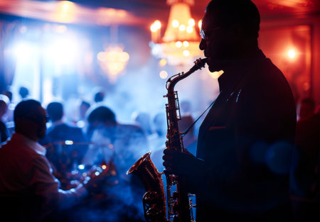Silhouetted saxophonist performing live on stage in a club with a blurred audience and ambient lighting in the background.の素材