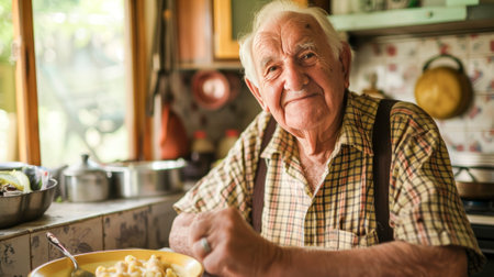 Elderly gentleman with a joyful expression offering a bowl of fresh salad in a well-lit, cozy kitchen setting.の素材