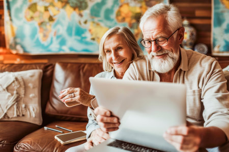 A senior couple engrossed in travel planning on a laptop in a study filled with maps and vintage decor.の素材