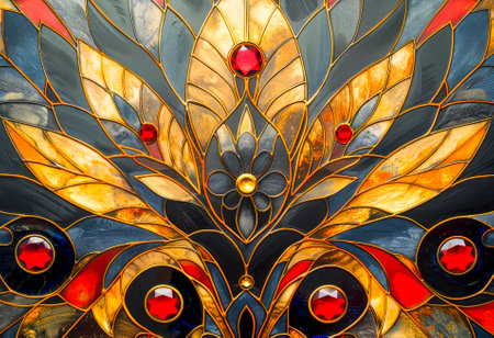 An opulent mandala design adorned with golden hues and jeweled details, radiating luxury and intricate craftsmanship.の素材