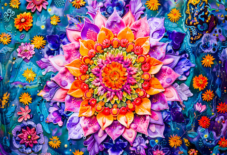 A dazzling floral kaleidoscope, this digital artwork bursts with luminous colors and psychedelic patterns amidst a dark backdrop.の素材