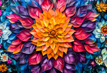 A dazzling floral kaleidoscope, this digital artwork bursts with luminous colors and psychedelic patterns amidst a dark backdrop.の素材