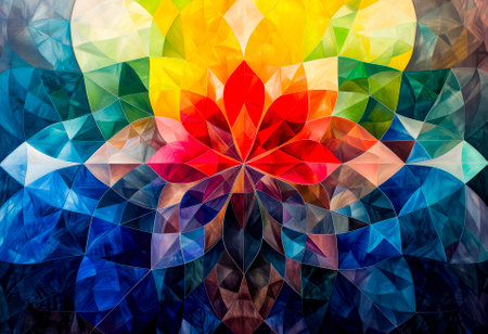 A vibrant mosaic mandala with a kaleidoscope of geometric shapes, resembling a stained glass artwork.の素材