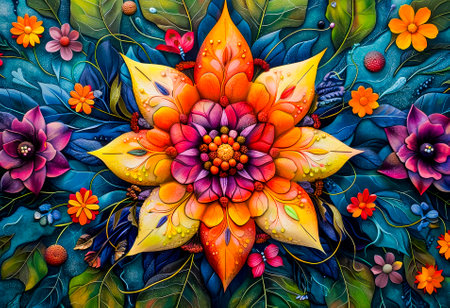 A dazzling floral kaleidoscope, this digital artwork bursts with luminous colors and psychedelic patterns amidst a dark backdrop.の素材