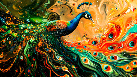 A dazzling, psychedelic peacock spreads its radiant feathers, creating a captivating and surreal visual experience.の素材