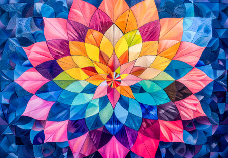 A vibrant mosaic mandala with a kaleidoscope of geometric shapes, resembling a stained glass artwork.の素材