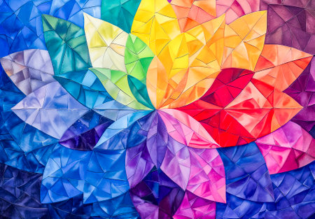 A vibrant mosaic mandala with a kaleidoscope of geometric shapes, resembling a stained glass artwork.の素材