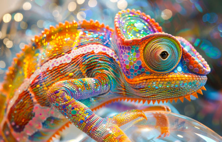 Digital art representation of a chameleon with a spectacular display of vivid, neon colors and intricate patterns.の素材