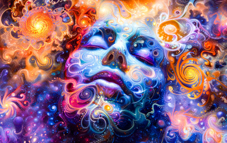 A surreal cosmic portrait featuring a dreamlike face surrounded by swirling patterns and vibrant interstellar imagery.の素材