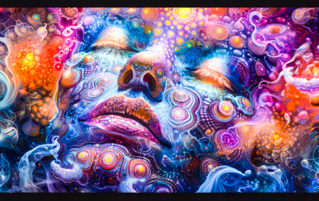 A surreal cosmic portrait featuring a dreamlike face surrounded by swirling patterns and vibrant interstellar imagery.の素材