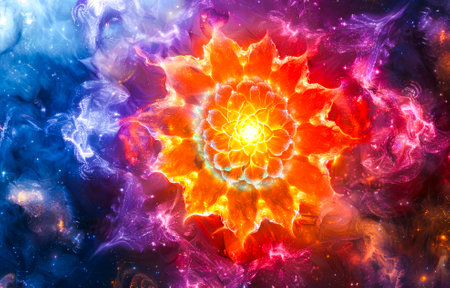 A mesmerizing cosmic mandala blooms with fiery floral patterns, set against a deep blue celestial backdrop with sparkling accents.の素材