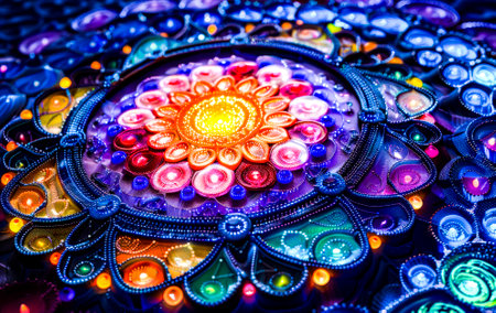 This richly textured 3D mandala art piece features intricate beadwork and a kaleidoscope of vibrant colors, showcasing exceptional detail.の素材