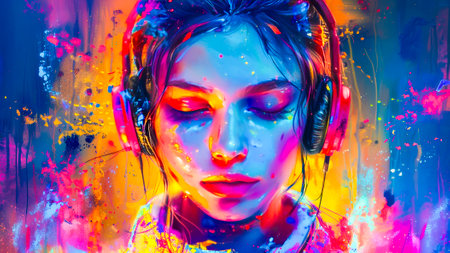 A striking portrait of a young woman lost in music, her face illuminated by the neon glow of vibrant, splashy colors.の素材