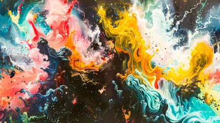This abstract fluid art piece captivates with its vibrant, swirling colors and dynamic mixture of patterns that evoke a sense of movement.の素材