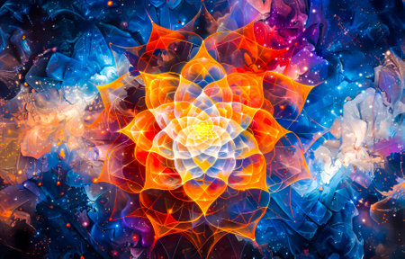 A mesmerizing cosmic mandala blooms with fiery floral patterns, set against a deep blue celestial backdrop with sparkling accents.の素材