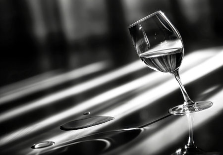 A black and white photograph capturing the striking interplay of light and shadow on a tilted wine glass.の素材