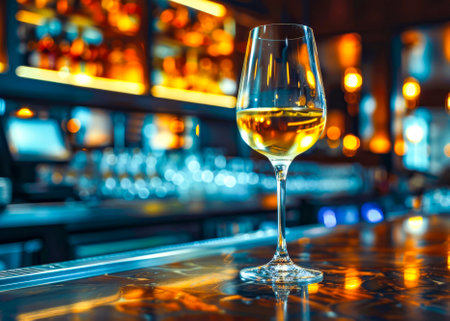 A glass of white wine sits on a polished bar counter, illuminated by the warm, ambient lighting of an upscale bar.の素材