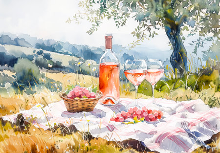 A vibrant summer painting depicts a picnic scene with a bottle of rose wine, glass, cherries, and a blooming rose bush.の素材