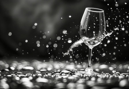 A black and white photograph capturing the striking interplay of light and shadow on a tilted wine glass.の素材