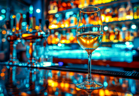 A glass of white wine sits on a polished bar counter, illuminated by the warm, ambient lighting of an upscale bar.の素材
