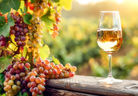 A glass of red wine on a rustic wooden surface with a backdrop of a picturesque vineyard during a stunning sunset.の素材