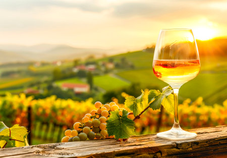 A glass of red wine on a rustic wooden surface with a backdrop of a picturesque vineyard during a stunning sunset.の素材