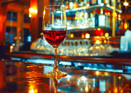 A glass of white wine sits on a polished bar counter, illuminated by the warm, ambient lighting of an upscale bar.の素材