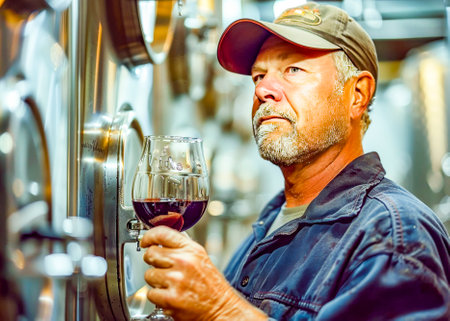 A seasoned wine maker, with a critical eye, holds a glass of red wine in a cellar, surrounded by stainless steel fermentation tanks.の素材